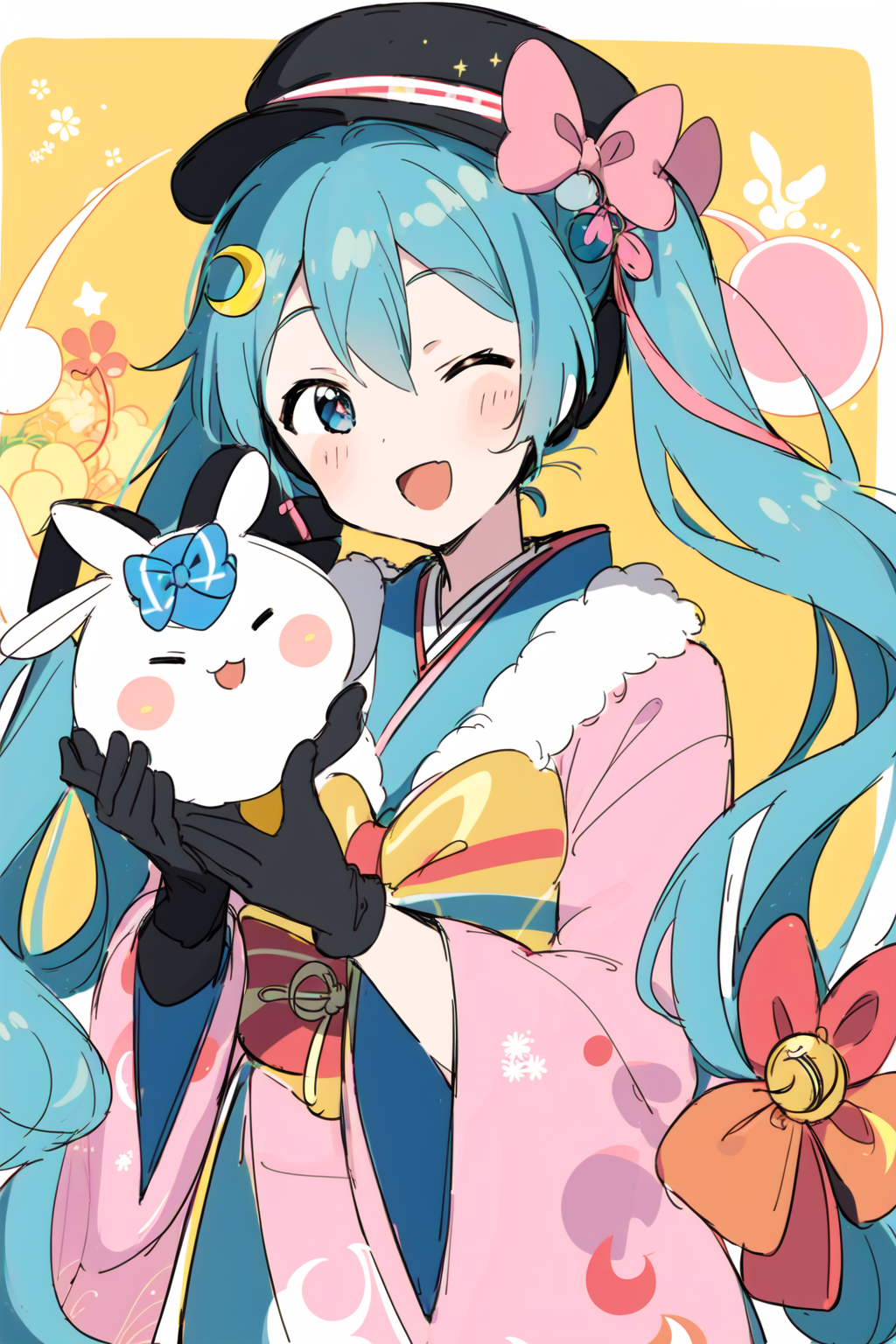 21872-1659862357-perfect linear art, yuki miku, 1girl, hatsune miku, rabbit, one eye closed, crescent, open mouth, gloves, pink bowtie, rabbit yu.png